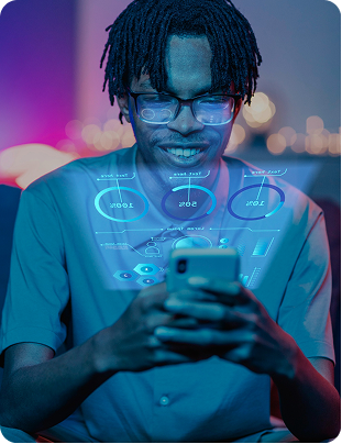 Person interacting with holographic financial UI on phone