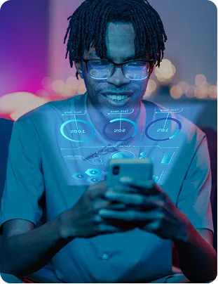 Person interacting with holographic financial UI on phone