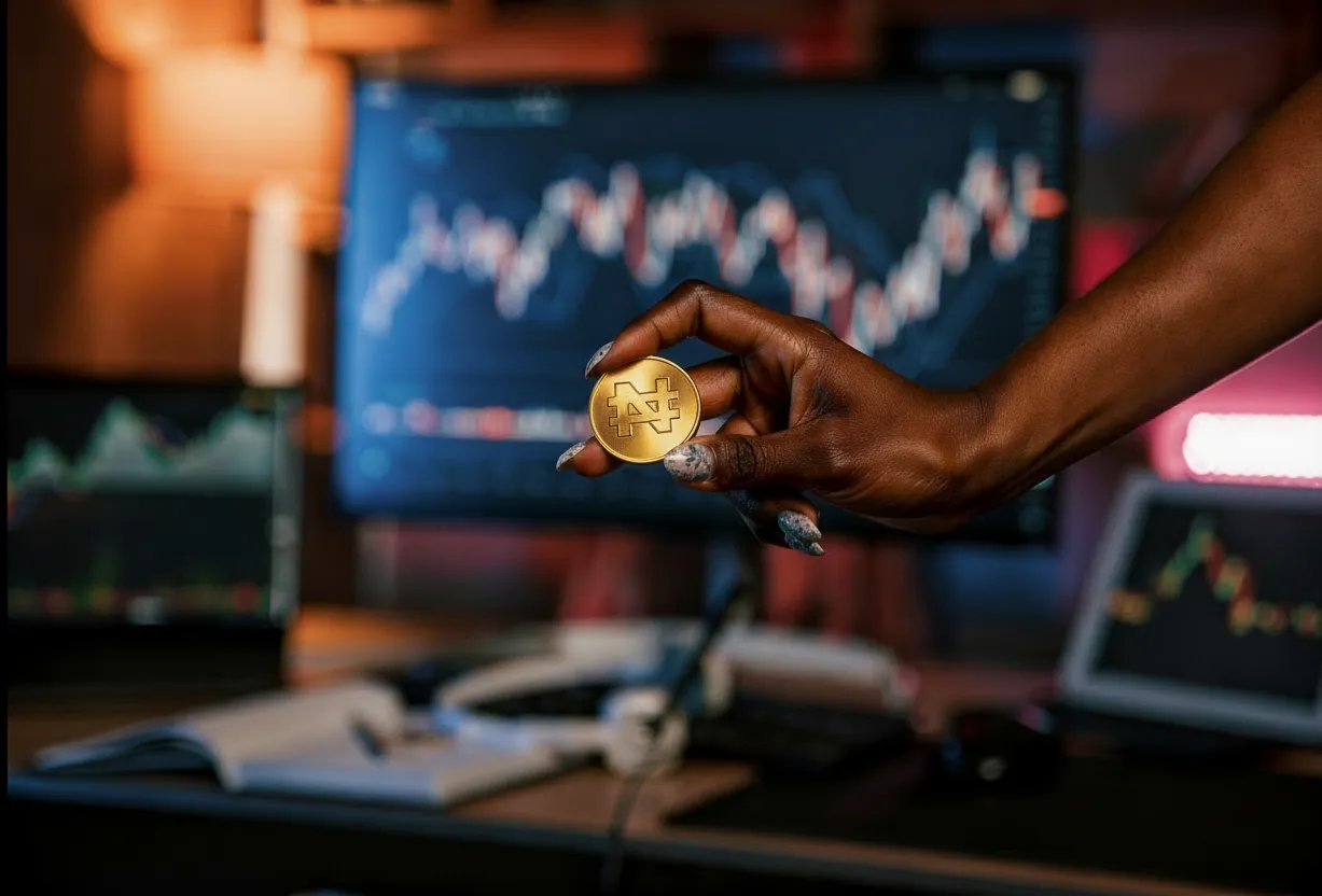 Digital asset held in front of live market charts