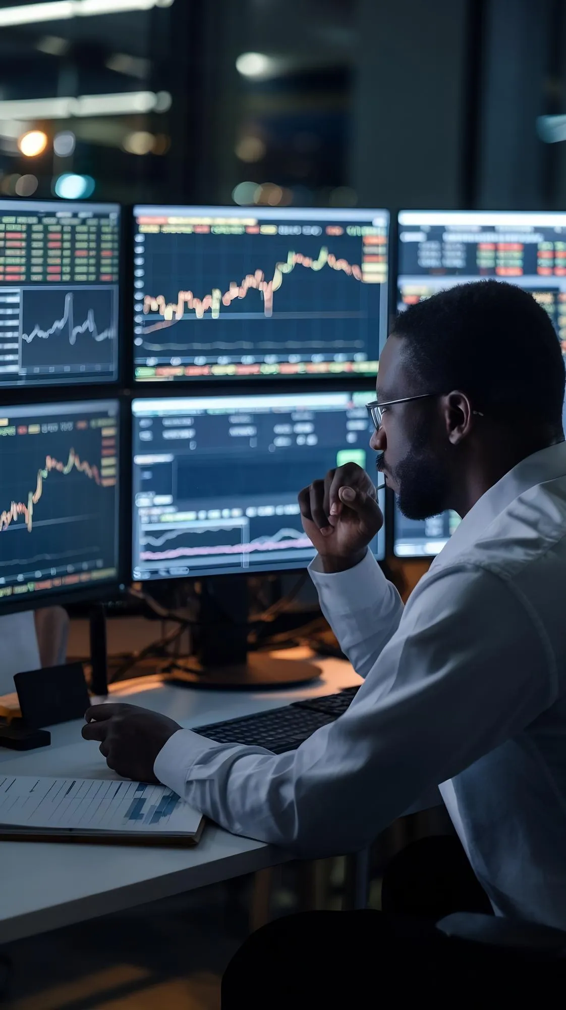 Trader monitoring NASD market data across multiple screens