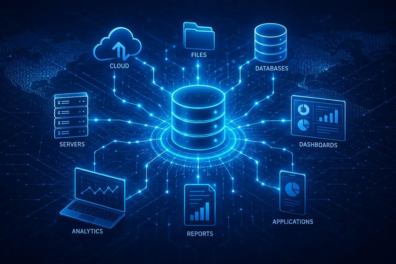 Data network visualisation across cloud, files, databases, and analytics