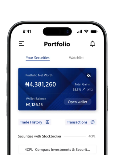 NASDmobile portfolio screen — your securities, watchlist, and net worth at a glance.