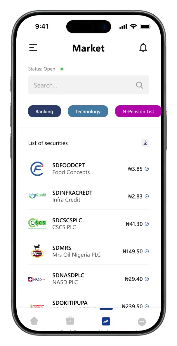 NASD Mobile market screen showing list of securities