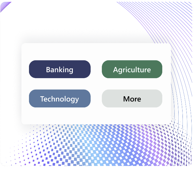 Lavender illustration with Banking, Agriculture, Technology, and More sector pills
