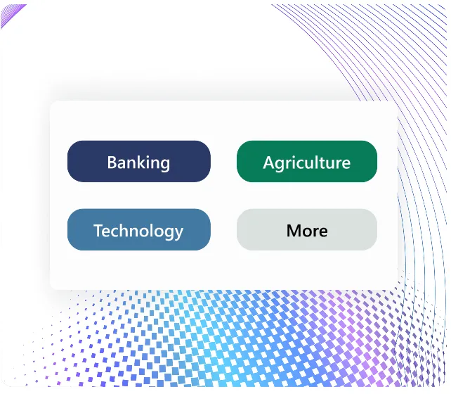 Lavender illustration with Banking, Agriculture, Technology, and More sector pills