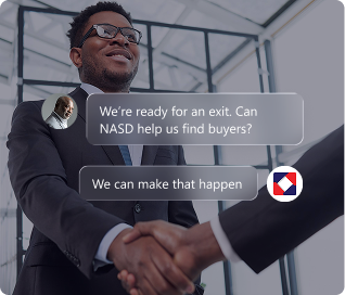 Founder handshake with chat bubbles about finding buyers