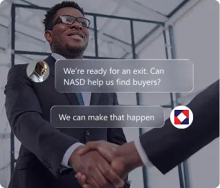 Founder handshake with chat bubbles about finding buyers