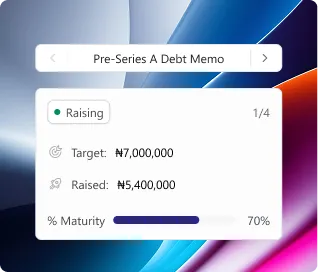 Pre-Series A debt memo card showing fundraising progress